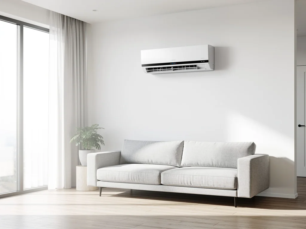 Climatiseur mural en service dans un séjour très lumineux, posé bien au-dessus du mobilier