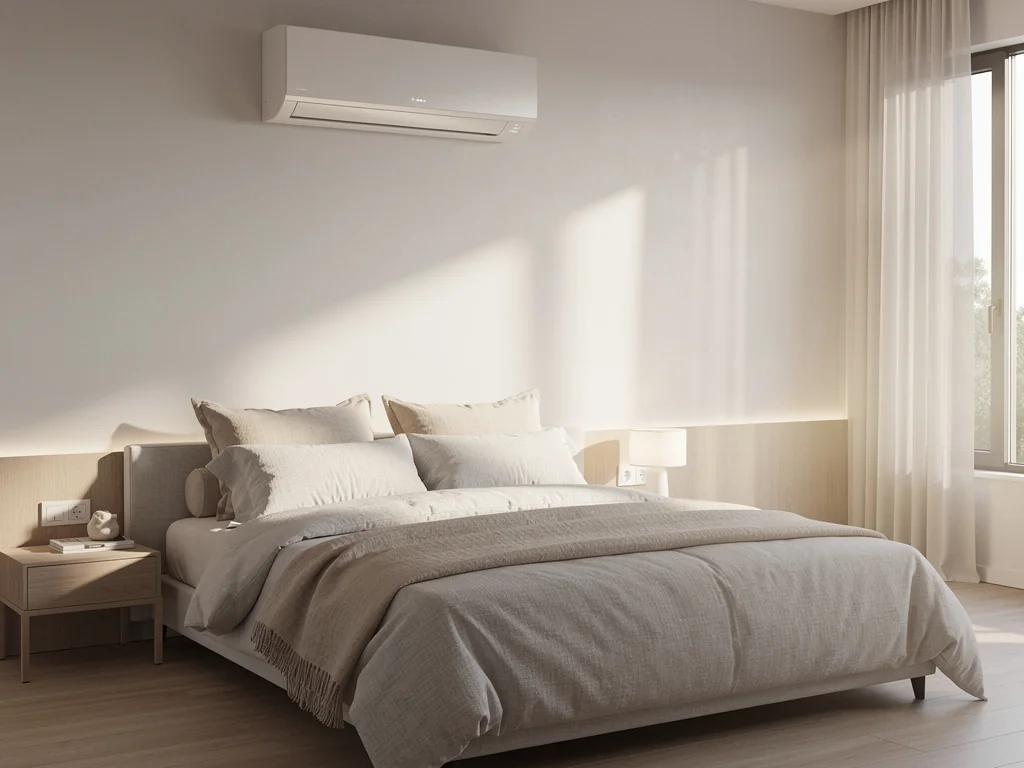 Climatiseur mural discret installé en hauteur dans une chambre parentale